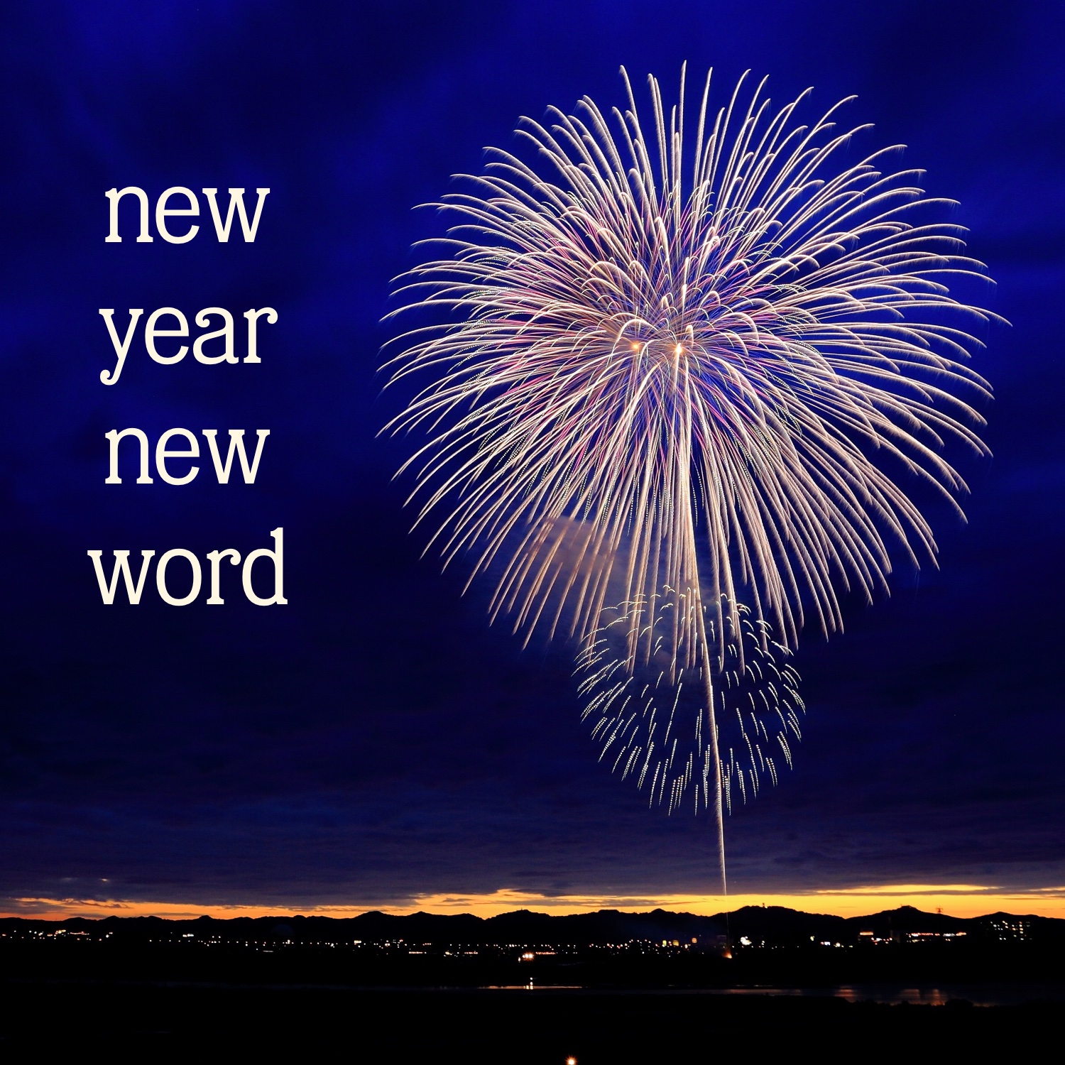 Yellow and pink fireworks in a dark blue sky, the words "new year new word" to the left.